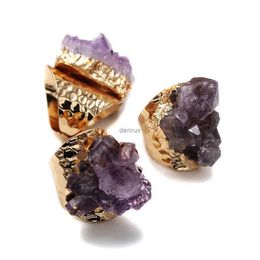 Band Rings Unpolished Raw Natural Quartz Rings For Women Genuine Natural Purple Crystal Cluster Rings AdjustableL240105