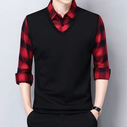 Smart Casual Formal Men Polo Shirts Fake Two Plaid Street Vintage Male Clothes Spring Autumn Fashion Long Sleeve Business Tops 240106