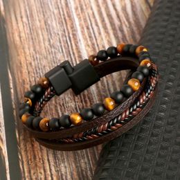 Classic High Quality Leather Bracelet Men Fashion Tiger Eye Beaded Multi Layer for Jewelry Gift 240105