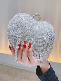 Rhinestone Clutch Heart Shape Luxury Tassel Evening Purse Bag Diamond Wedding Party Handbag Sliver Gold Handle 240106