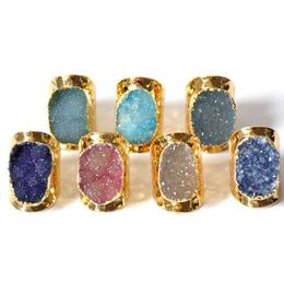 Band Rings New mixed color crystal bud wide-neck ring Crystal cluster gold big head ring natural crystal bud ring boutique jewelryL240105