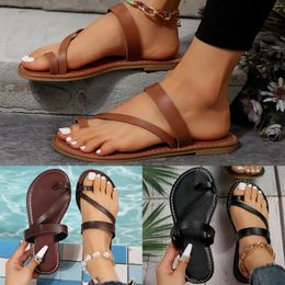 Slippers Ladies Simple Solid Colour Thin Straps Round Head Set Toe Soft Bottom Outside Wear Casual Large Size Women Correction Sandals