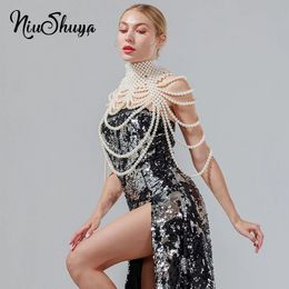 NSY Exaggerate Women's Pearl Body Shawl Fashion Shoulder Necklaces Tops Chain Wedding Dress Jewelries 240105