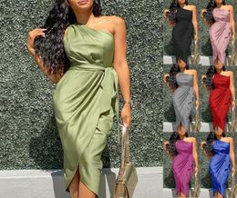 Casual Dresses One Shoulder Ruched Party Summer Dress Women Sexy Solid Satin Elegant Belt Club Bodycon Split Midi 3XL Plus Size Ve3244769