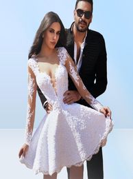 Fashion Long Sleeve Lace White Short Wedding Dress 2021 Sheer Neck Bride Dresses vestido corto de novia Plus Size Bridal Gowns7373796