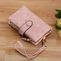 Designer Women Wristlet Wallet With Strap Coin Pocket Vintage Soft Pink Suede Purse Ladies Folder Money Clips 6colors Billetera Y1234l