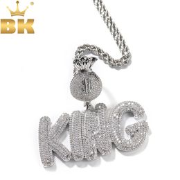 THE BLING KING Custom Bubble Letters With Dollar Sign Money Bag Clasp Name Pendant Necklace Iced Out CZ Charm Hiphop Jewellery 240106