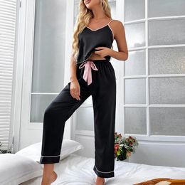 Jackets Black Strap Top&pants Sleep Set Women 2pcs Pamas Suit Home Clothes Vneck Sleepwear Intimate Lingerie Summer Satin Pyjamas