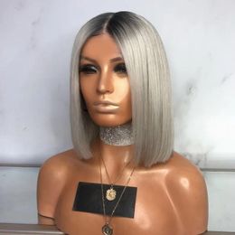 Wigs Straight Synthetic Wigs Black Grey Bobo Short Hair