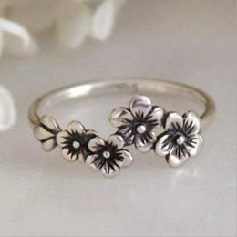 Band Rings Vintage Silver Color Rose Flower Ring Simple Design Cherry Cluster Daily Rings Retro Jewelry Party Accessories Size 5 To 10L240105