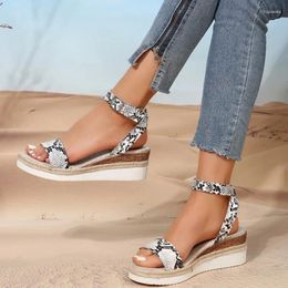 Sandals 2024 Shoes For Women One-word Buckle Women's Summer Mixed Colours Snake Pattern Mid Heel Water Proof