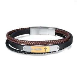 Bangle Ornament Personality Titanium Steel Cross Leather Rope Men's Vintage Weave Multi-Layer Three-Section Buckle Bracelet