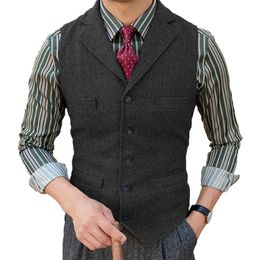 Casual Men's Classic Suit Vest Lapel V Neck Herringbone Tweed Slim Fit Business Waistcoat For Wedding Solid Colour 240105