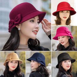 Berets Elegant Bowknot Wool Ladies Hat Autumn Winter Fedoras Women Panama Dome Felt Wedding Jazz Cap Female Bowler