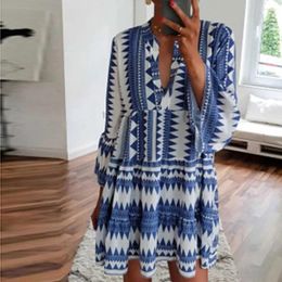 Casual Dresses Sexy Flare Long Sleeves Stripe For Women 2024 Plus Size Geometric Printing V Neck Mini Dress Woman Clothing