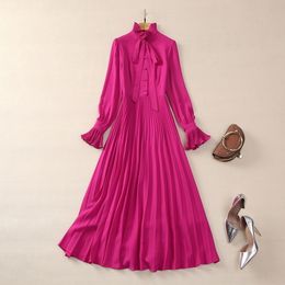 2024 Spring Pink Solid Color Ribbon Tie Bow Dress Long Sleeve Stand Collar Pleated Long Maxi Casual Dresses S3D121207