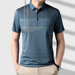 Summer Men Short Sleeve Striped Polo Shirts Streetwear Fashion Business TShirt Koreon Male Clothes Pockets Loose Casual Top 240106