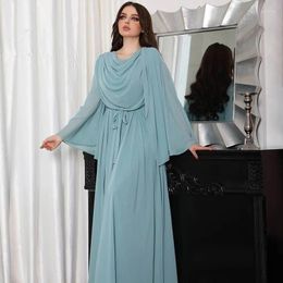 Ethnic Clothing Fashionable Women Chiffon Bell-sleeve Dress Elegant Feminine Robe High Waist Pleat Arabic Dubai Party Gowns Abaya