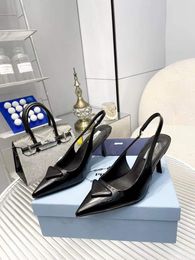 Fashion Women Sandals Triangle 75 mm Pumps Italy Popular Pointed Toes Elasticated Slingback Strap Black Leather Designer Wedding Party Sandal High Heels Box EU 35-43