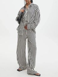 Women's Two Piece Pants Women 2 Striped Pajamas Set Long Sleeve Button Down Shirt And Wide Leg Lounge Sleepwear