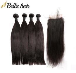 Brazilian Human Weft 4PCS with 1PC Top Closures Silky Straight Hair Extensions Double Wefts Unprocessed Virgin Hair Bundles BellaH9009695
