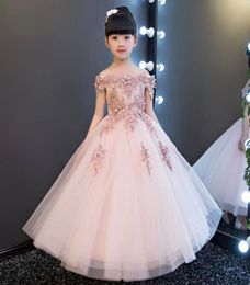 Flower girls dresses stereo flower applique dew shoulder princess dress for kids lace tulle long dress Ball Gown children pageant 6016176