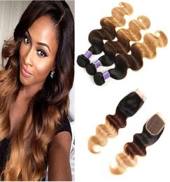 Whole Brazilian Dark Brown Body Wave Hair 3 Bundles With Closure Colored Brazilian Ombre 1B427 Human Hair Weave With Closur7954032