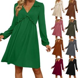 Casual Dresses 2024 Women's Long Sleeve Bubble Elegant Lace Knee Length V Neck Dress