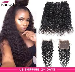 Brazilian Water Wave Human Hair Bundles With Closure Peruvian Wet and Wavy Hair 4 Bundles Malaysian Body Deep Loose Straight Hair 9783241