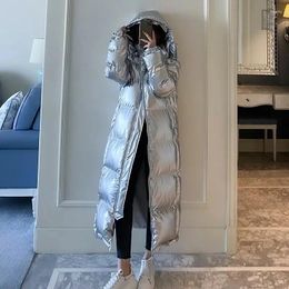 Women's Trench Coats Silver Glossy Down Cotton Jacket 2024 Winter Korea Loose Hooded Coat Thicken Parkas Windproof Female Casual Long