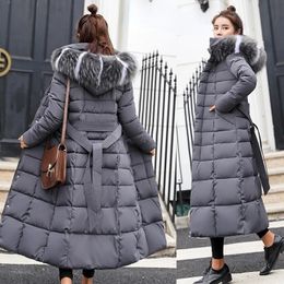 winter jacket womens warm fashion bow belt fox fur collar coat long dress womens thick coat 240105