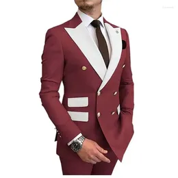 Men's Suits Latest Business Wine Red Men Double Breasted Gold Button Groom Wedding Tuxedo Custom Made 2 Pieces Formal Suit