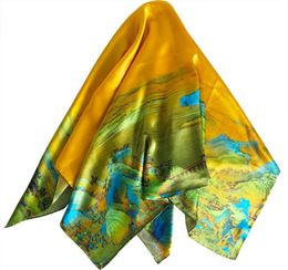 Large Square Silk Scarf Foulard Kerchief For Women Female Satin Hair Scarves Unique Hijab Printed Hill Trees 858 B36893787