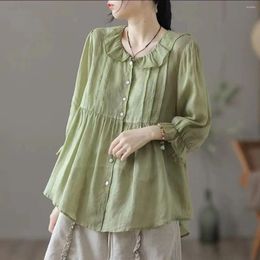 Women's Blouses 2024 Summer Cotton Linen Shirt Single-breasted Pure Color Sweet Women Short Sleeve Doll Collar Top T84