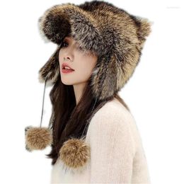 Berets Winter Women Real Raccoon Fur Bomber Hat Earflap Trapper Cap Russian Unisex Ski Hats With Brim