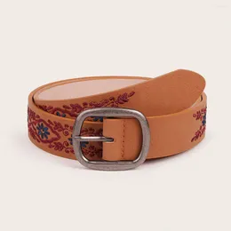 Belts Vintage Women's Ethnic Embroidered Belt Floral Ladies Distressed Design Fashion Square Pin Buckle PU Leather Jeans