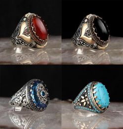 Wedding Rings Vintage Handmade Carved Turkish Signet For Men Inlaid Red Black Zircon Stone Trendy Islamic Religious Muslim Jewelry9194078