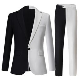 Fashion Elegant Men's Business Black White Contrast Color Suit / Male Slim Stage Party 2 Pcs Blazers Jacket Pants Sets 240106