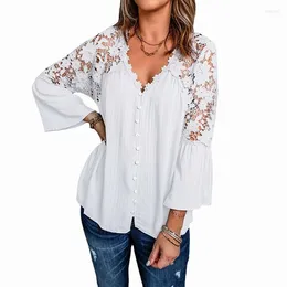 Women's Blouses Women Sexy Lace Hollow Out Flare Sleeve Tops Chiffon Elegant V-neck Stitching Flowy Shirts Tunic Pullover