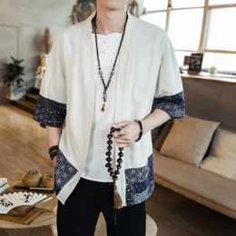 Ethnic Clothing Japanese Men's Kimono Cardigan Loose Cotton Linen 3/4 Sleeve Open Front Casual Summer Shirt Jackets