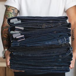Maden Vintage Men's Denim Jean Big Tall Regular Fit Straight Leg Raw Selvedge Denim Jeans Dark Blue Pant Classic Pants Trous 240106