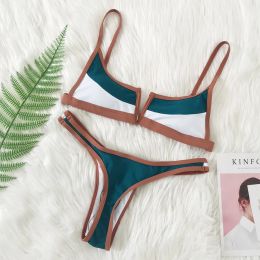 XS-XL V-bar Sexy Bikini Thong Brazilian Swimwear Women Colorblock Vintage Swimsuit Summer Micro Blue Green Bathing Suit