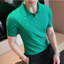 Summer Plaid Knitted Polo Shirts Men Vintage Green Short Sleeve Lapel Tee Tops Elasticity Slim Casual Business Social Polos y240106