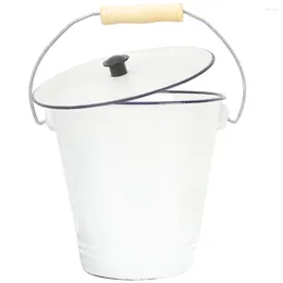 Storage Bottles Household Enamel Bucket With Lid Pet Food Dispenser Metal Buckets Wooden Flower