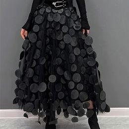 Qooth Women 3D Design Polka Dot Tulle Mesh Skirt Vintage Elastic Waist Long A-line Tutu Skirt QT2176 240105