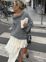 Модный шикарный однотонный свитер с вырезом с разрезом для женщин, повседневные свободные джемперы с длинными рукавами, женский уличный трикотаж 240105