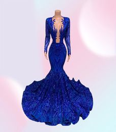 2022 Royal Blue Mermaid Prom Dresses Sparkly Lace Sequins Long Sleeves Black Girls African Celebrity Evening Gown B04081946573