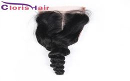 Exquisite Hand Tied Loose Wave Human Hair Closure 4x4 Swiss Lace Peruvian Virgin Curly T Part Top Closures Piece With Natural Hair8358384