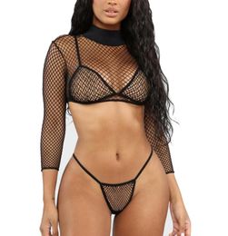 Perspective Fishing Net Three Piece Full Sleeve Swimsuit Sexy Micro Bikini Set Push Up Thong Women Bathing Suits Beach Swimwear7907747