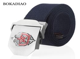 Bokadiao Menwomen Canvas Belt 3d Soviet Secret Agent Kgb Metal Buckle Cccp Army Military Tactical Belts for Men Jeans Waistband1434308